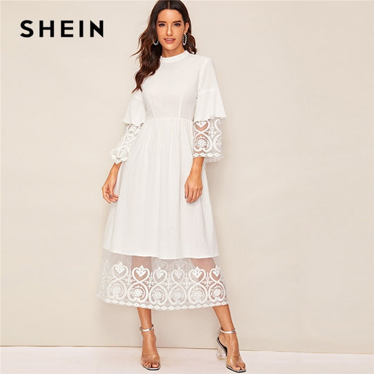 SHEIN Elegant Mock-Neck Embroidery Organza Cuff and Hem Long Dress Women Autumn Fit and Flare Dress Empire Abaya Dresses