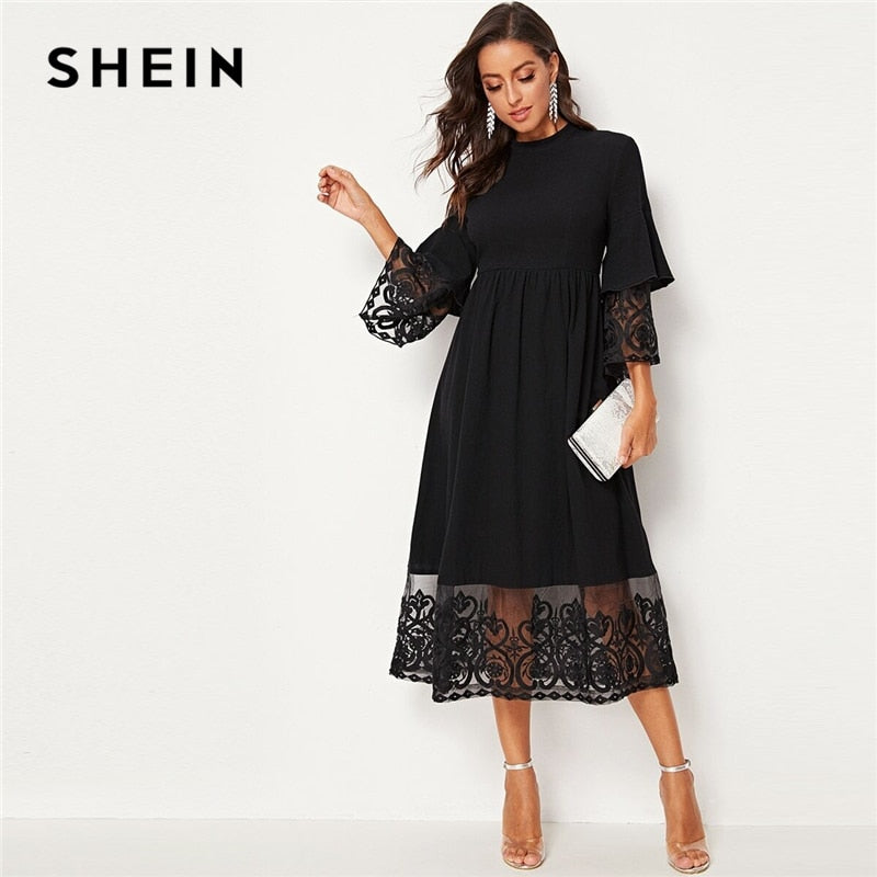 SHEIN Elegant Mock-Neck Embroidery Organza Cuff and Hem Long Dress Women Autumn Fit and Flare Dress Empire Abaya Dresses