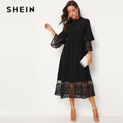 SHEIN Elegant Mock-Neck Embroidery Organza Cuff and Hem Long Dress Women Autumn Fit and Flare Dress Empire Abaya Dresses