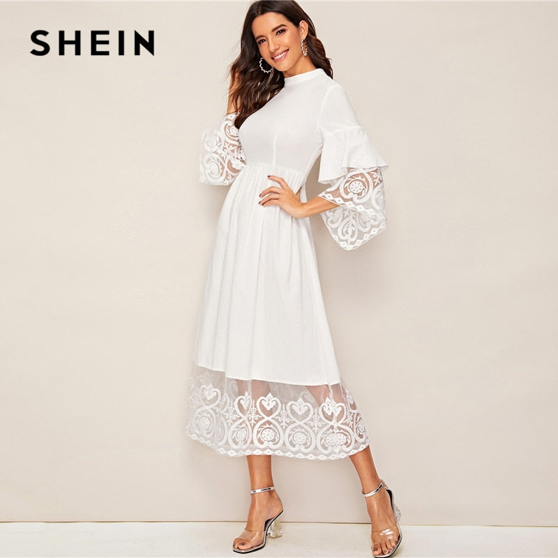 SHEIN Elegant Mock-Neck Embroidery Organza Cuff and Hem Long Dress Women Autumn Fit and Flare Dress Empire Abaya Dresses