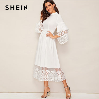 SHEIN Elegant Mock-Neck Embroidery Organza Cuff and Hem Long Dress Women Autumn Fit and Flare Dress Empire Abaya Dresses