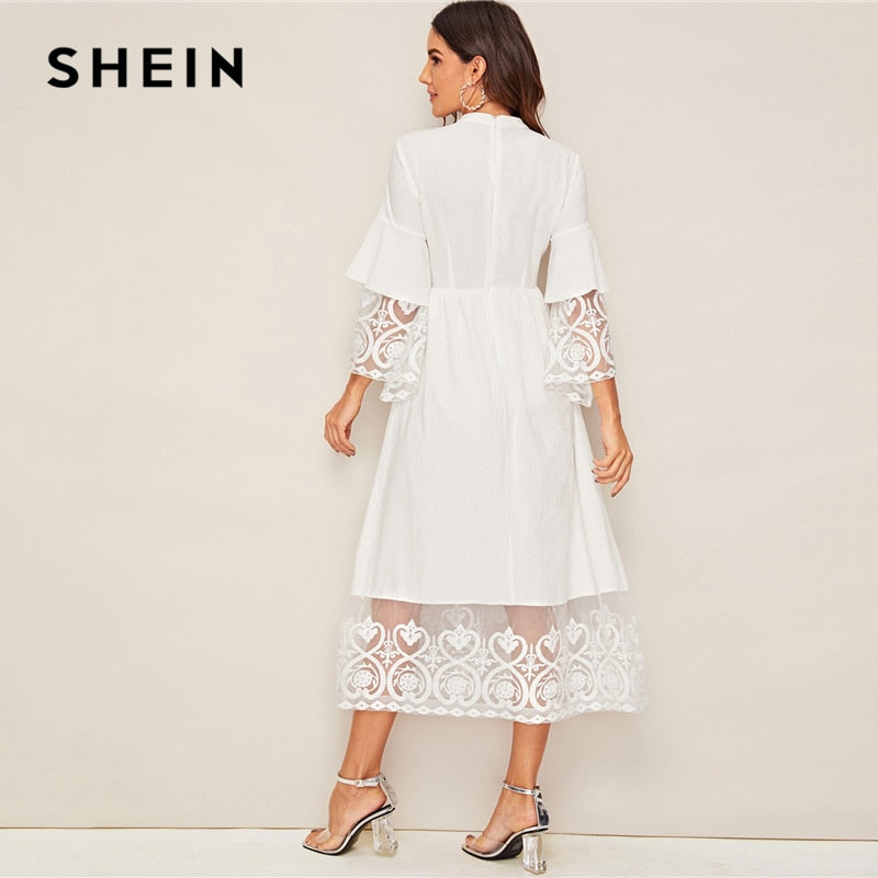 SHEIN Elegant Mock-Neck Embroidery Organza Cuff and Hem Long Dress Women Autumn Fit and Flare Dress Empire Abaya Dresses