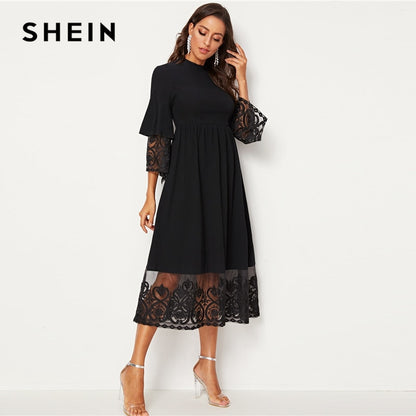 SHEIN Elegant Mock-Neck Embroidery Organza Cuff and Hem Long Dress Women Autumn Fit and Flare Dress Empire Abaya Dresses