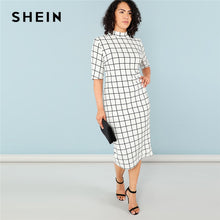 Load image into Gallery viewer, SHEIN Elegant Plaid Bodycon Plus Size Long Pencil Dresses Womens 2018 Office Lady Stand Collar Grid Print Slim Fit Dress
