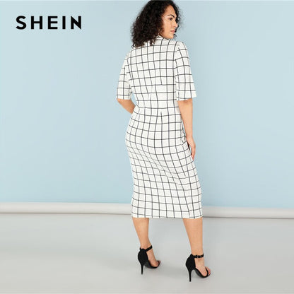 SHEIN Elegant Plaid Bodycon Plus Size Long Pencil Dresses Womens 2018 Office Lady Stand Collar Grid Print Slim Fit Dress
