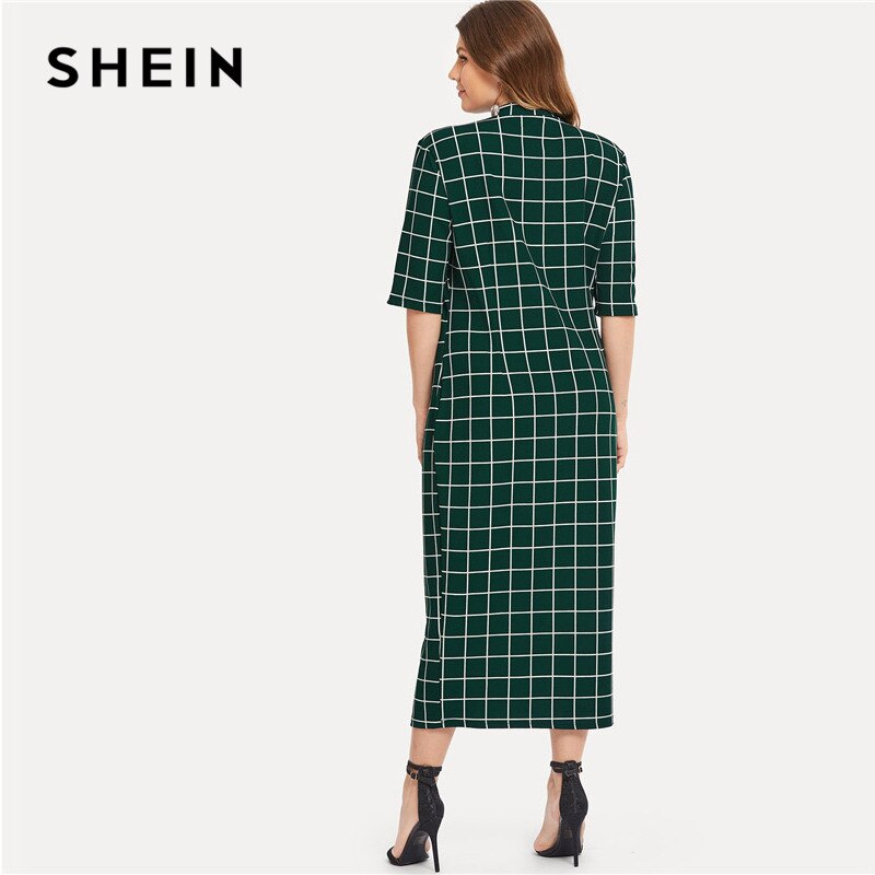SHEIN Elegant Plaid Bodycon Plus Size Long Pencil Dresses Womens 2018 Office Lady Stand Collar Grid Print Slim Fit Dress