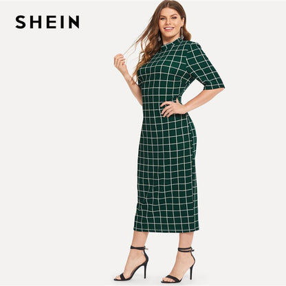 SHEIN Elegant Plaid Bodycon Plus Size Long Pencil Dresses Womens 2018 Office Lady Stand Collar Grid Print Slim Fit Dress