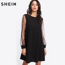 將圖片載入圖庫檢視器 SHEIN Elegant Womens Dresses Pearl Beading Mesh Sleeve Tunic Dress Autumn Black Boat Neck Long Sleeve A Line Dress
