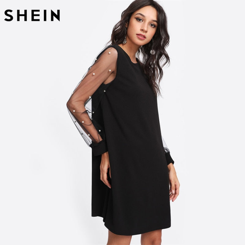 SHEIN Elegant Womens Dresses Pearl Beading Mesh Sleeve Tunic Dress Autumn Black Boat Neck Long Sleeve A Line Dress