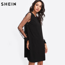 將圖片載入圖庫檢視器 SHEIN Elegant Womens Dresses Pearl Beading Mesh Sleeve Tunic Dress Autumn Black Boat Neck Long Sleeve A Line Dress
