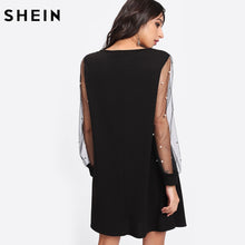 將圖片載入圖庫檢視器 SHEIN Elegant Womens Dresses Pearl Beading Mesh Sleeve Tunic Dress Autumn Black Boat Neck Long Sleeve A Line Dress
