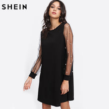 將圖片載入圖庫檢視器 SHEIN Elegant Womens Dresses Pearl Beading Mesh Sleeve Tunic Dress Autumn Black Boat Neck Long Sleeve A Line Dress
