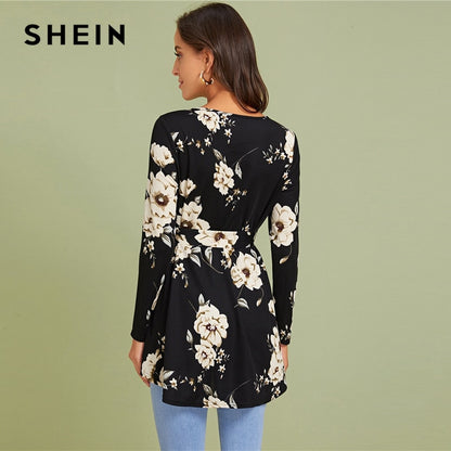 SHEIN Floral Print Self Belted Dip Hem Blouse Top Women Spring Autumn Long Sleeve Round Neck Elegant Tops and Blouses