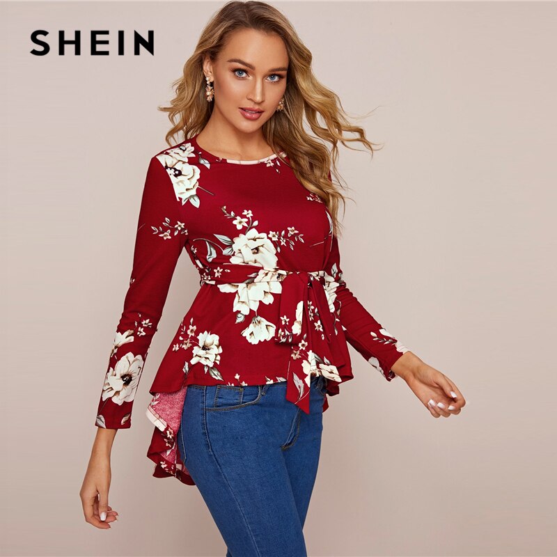 SHEIN Floral Print Self Belted Dip Hem Blouse Top Women Spring Autumn Long Sleeve Round Neck Elegant Tops and Blouses