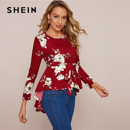 SHEIN Floral Print Self Belted Dip Hem Blouse Top Women Spring Autumn Long Sleeve Round Neck Elegant Tops and Blouses