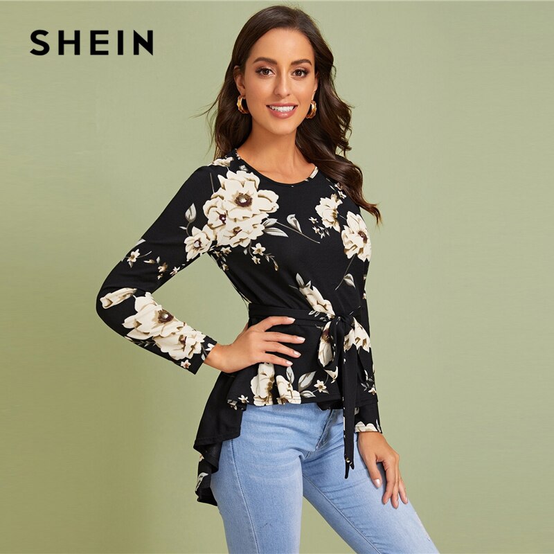 SHEIN Floral Print Self Belted Dip Hem Blouse Top Women Spring Autumn Long Sleeve Round Neck Elegant Tops and Blouses