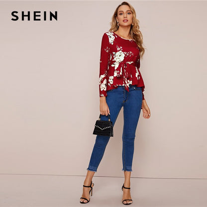 SHEIN Floral Print Self Belted Dip Hem Blouse Top Women Spring Autumn Long Sleeve Round Neck Elegant Tops and Blouses