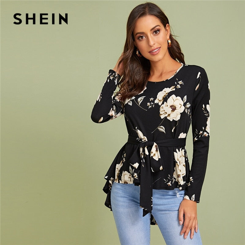 SHEIN Floral Print Self Belted Dip Hem Blouse Top Women Spring Autumn Long Sleeve Round Neck Elegant Tops and Blouses