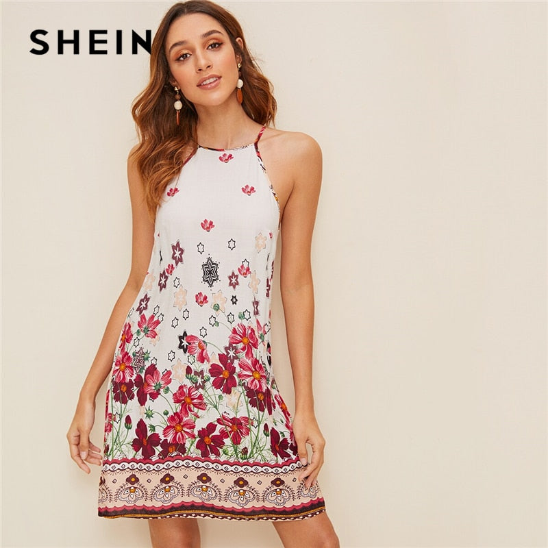 SHEIN Floral Print Spaghetti Strap Boho Beach Straight Dress Women 2019 Summer Holiday Sleeveless Button Back Short Cami Dresses