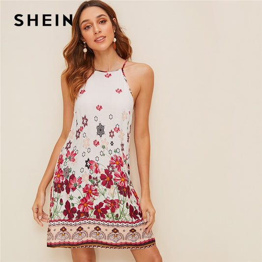 SHEIN Floral Print Spaghetti Strap Boho Beach Straight Dress Women 2019 Summer Holiday Sleeveless Button Back Short Cami Dresses