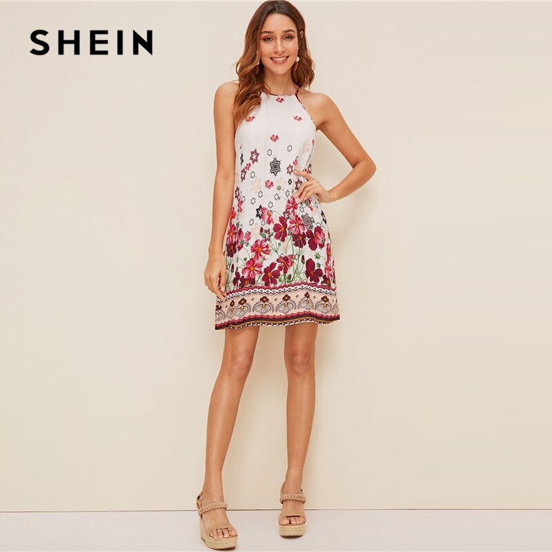 SHEIN Floral Print Spaghetti Strap Boho Beach Straight Dress Women 2019 Summer Holiday Sleeveless Button Back Short Cami Dresses