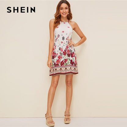 SHEIN Floral Print Spaghetti Strap Boho Beach Straight Dress Women 2019 Summer Holiday Sleeveless Button Back Short Cami Dresses