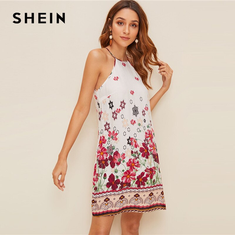 SHEIN Floral Print Spaghetti Strap Boho Beach Straight Dress Women 2019 Summer Holiday Sleeveless Button Back Short Cami Dresses