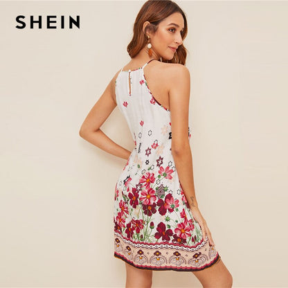 SHEIN Floral Print Spaghetti Strap Boho Beach Straight Dress Women 2019 Summer Holiday Sleeveless Button Back Short Cami Dresses