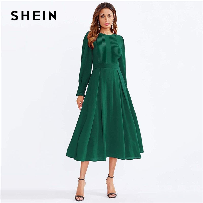 SHEIN Frilled Cuff Pleated Panel Fit And Flare Maxi Dress Women Spring Elegant Solid High Waist A Line Long Dress Party Dress