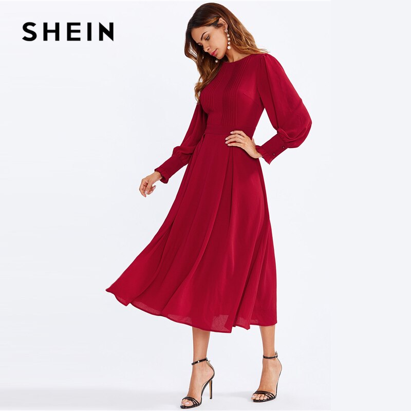 SHEIN Frilled Cuff Pleated Panel Fit And Flare Maxi Dress Women Spring Elegant Solid High Waist A Line Long Dress Party Dress