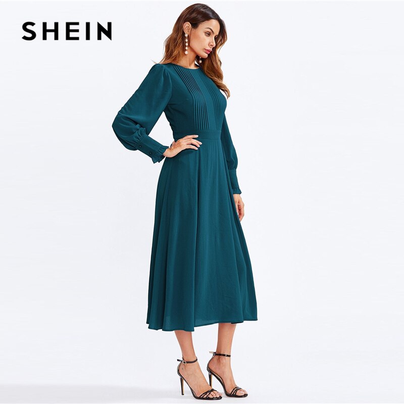 SHEIN Frilled Cuff Pleated Panel Fit And Flare Maxi Dress Women Spring Elegant Solid High Waist A Line Long Dress Party Dress