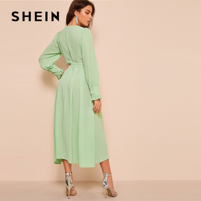 SHEIN Frilled Cuff Pleated Panel Fit And Flare Maxi Dress Women Spring Elegant Solid High Waist A Line Long Dress Party Dress
