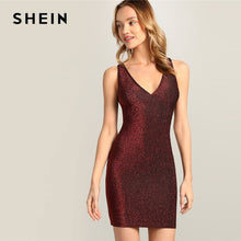 将图片加载到图库查看器，SHEIN Glamorous Sexy Burgundy V-neck Criss Cross Back Glitter Bodycon Short Slim Plain Dress 2019 Summer Sleeveless Dresses
