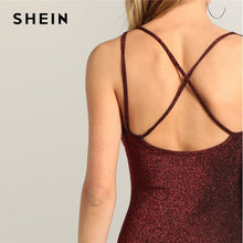 将图片加载到图库查看器，SHEIN Glamorous Sexy Burgundy V-neck Criss Cross Back Glitter Bodycon Short Slim Plain Dress 2019 Summer Sleeveless Dresses
