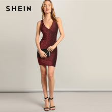 将图片加载到图库查看器，SHEIN Glamorous Sexy Burgundy V-neck Criss Cross Back Glitter Bodycon Short Slim Plain Dress 2019 Summer Sleeveless Dresses
