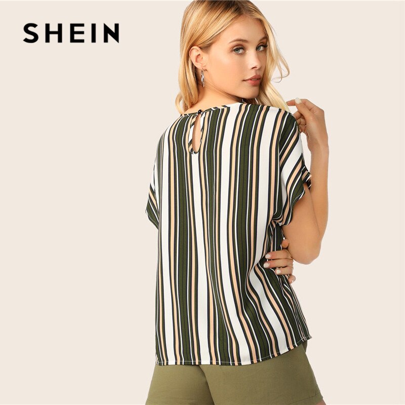 SHEIN Keyhole Back Colorblock Striped Summer Blouse Womens Tops and Blouses Casual Batwing Sleeve Round Neck Ladies Tops