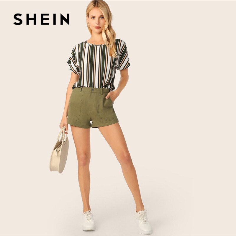 SHEIN Keyhole Back Colorblock Striped Summer Blouse Womens Tops and Blouses Casual Batwing Sleeve Round Neck Ladies Tops