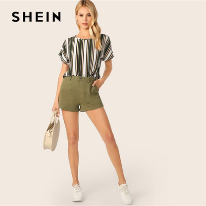 SHEIN Keyhole Back Colorblock Striped Summer Blouse Womens Tops and Blouses Casual Batwing Sleeve Round Neck Ladies Tops