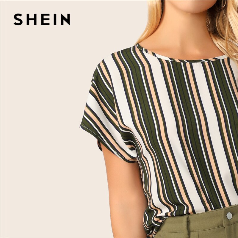 SHEIN Keyhole Back Colorblock Striped Summer Blouse Womens Tops and Blouses Casual Batwing Sleeve Round Neck Ladies Tops