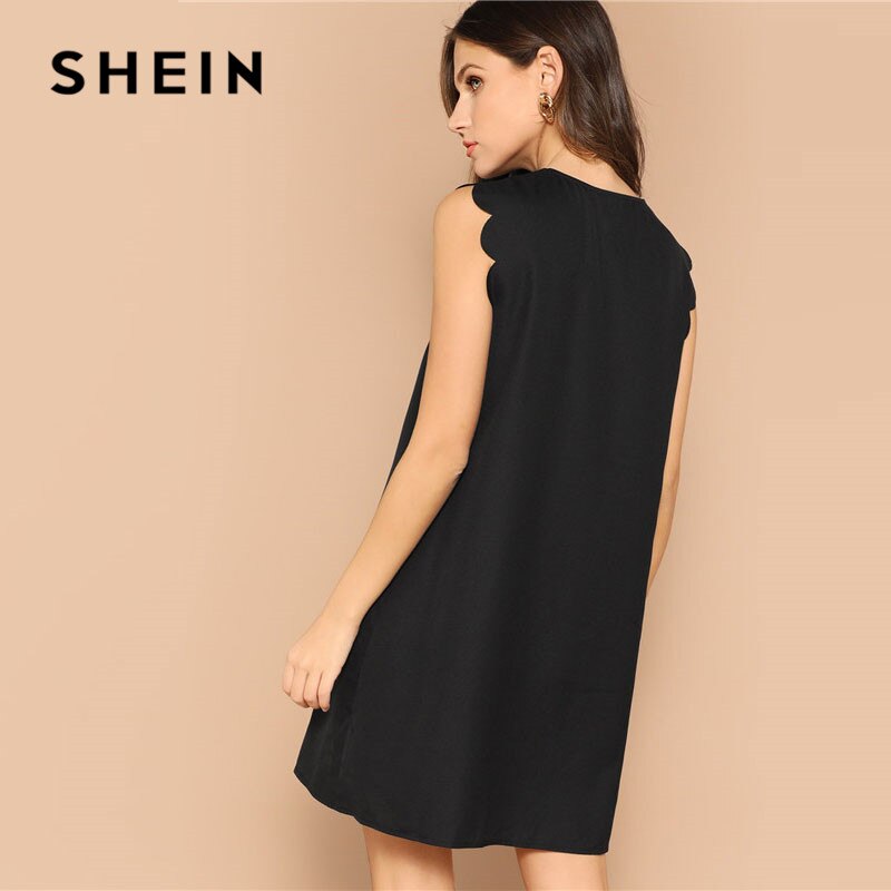 SHEIN Lady Solid V-Neck Scallop Trim Trapeze Mini Dress Women Clothes 2019 Casual Sleeveless Loose Tank Summer Dress