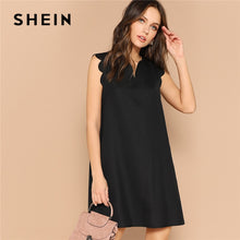 Load image into Gallery viewer, SHEIN Lady Solid V-Neck Scallop Trim Trapeze Mini Dress Women Clothes 2019 Casual Sleeveless Loose Tank Summer Dress
