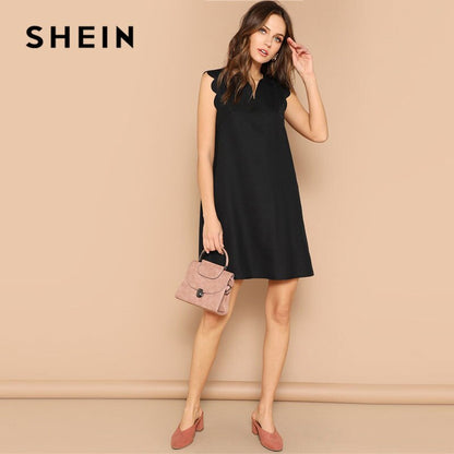 SHEIN Lady Solid V-Neck Scallop Trim Trapeze Mini Dress Women Clothes 2019 Casual Sleeveless Loose Tank Summer Dress