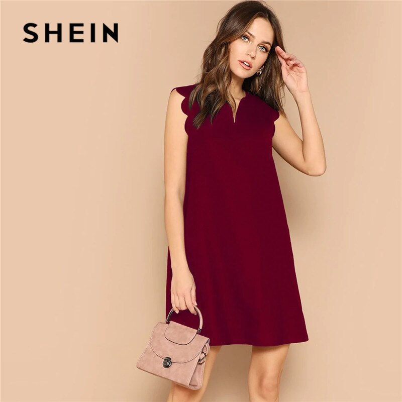 SHEIN Lady Solid V-Neck Scallop Trim Trapeze Mini Dress Women Clothes 2019 Casual Sleeveless Loose Tank Summer Dress