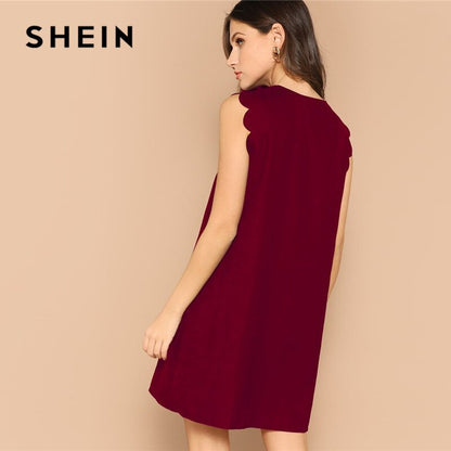 SHEIN Lady Solid V-Neck Scallop Trim Trapeze Mini Dress Women Clothes 2019 Casual Sleeveless Loose Tank Summer Dress