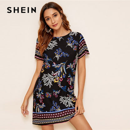 SHEIN Mixed Print Keyhole Back Tunic Summer Dress Women 2019 Short Sleeve Round Neck Boho Dress Straight Loose Mini Dresses