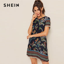 Load image into Gallery viewer, SHEIN Mixed Print Keyhole Back Tunic Summer Dress Women 2019 Short Sleeve Round Neck Boho Dress Straight Loose Mini Dresses
