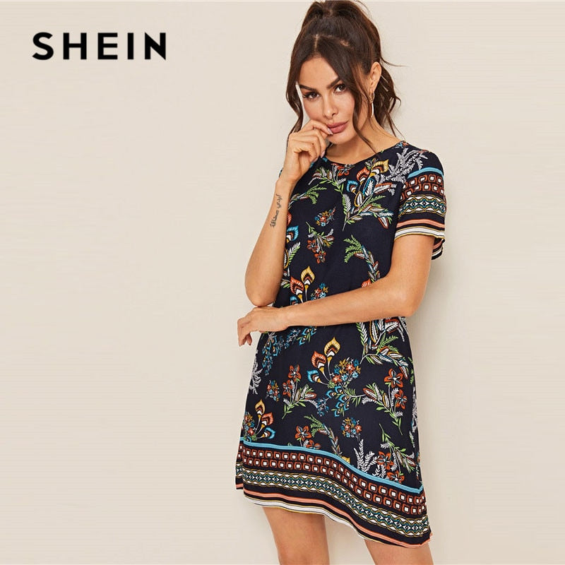 SHEIN Mixed Print Keyhole Back Tunic Summer Dress Women 2019 Short Sleeve Round Neck Boho Dress Straight Loose Mini Dresses