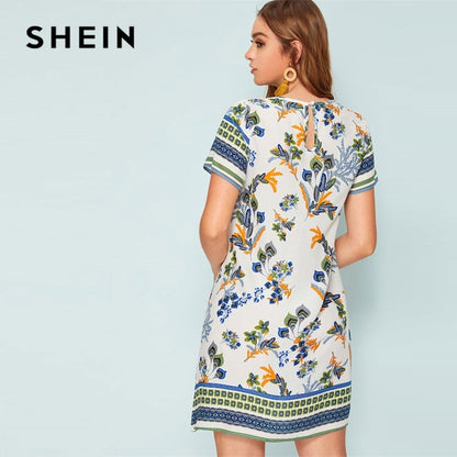 SHEIN Mixed Print Keyhole Back Tunic Summer Dress Women 2019 Short Sleeve Round Neck Boho Dress Straight Loose Mini Dresses