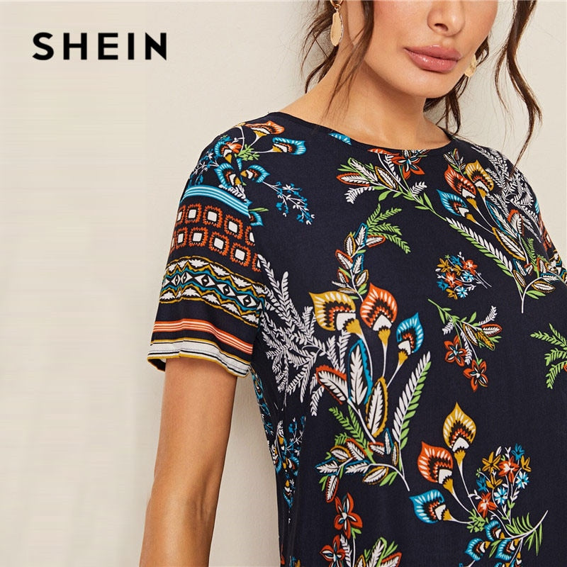 SHEIN Mixed Print Keyhole Back Tunic Summer Dress Women 2019 Short Sleeve Round Neck Boho Dress Straight Loose Mini Dresses