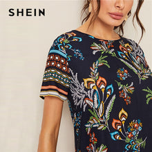 Load image into Gallery viewer, SHEIN Mixed Print Keyhole Back Tunic Summer Dress Women 2019 Short Sleeve Round Neck Boho Dress Straight Loose Mini Dresses
